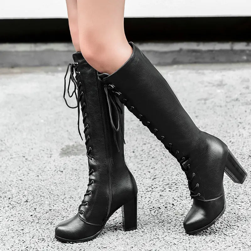 Knee-high Boots Woman Fashion Round Toe High Heeled Thigh High Boots Female Winter Warm Long Boots Grey Black Size 34-43