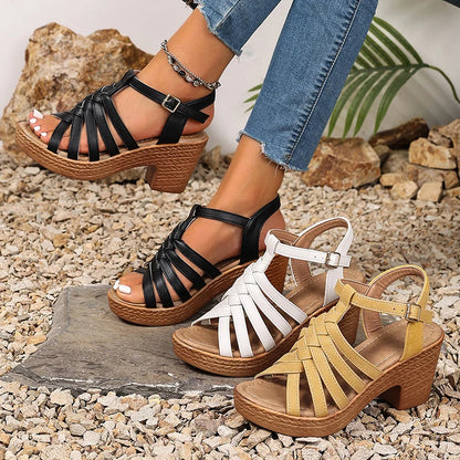 Cinturini in tessuto moda Sandali con tacco grosso Donna Estate Fibbia alla caviglia Scarpe con tacco alto Roma Donna Sandali con plateau open toe 36-42