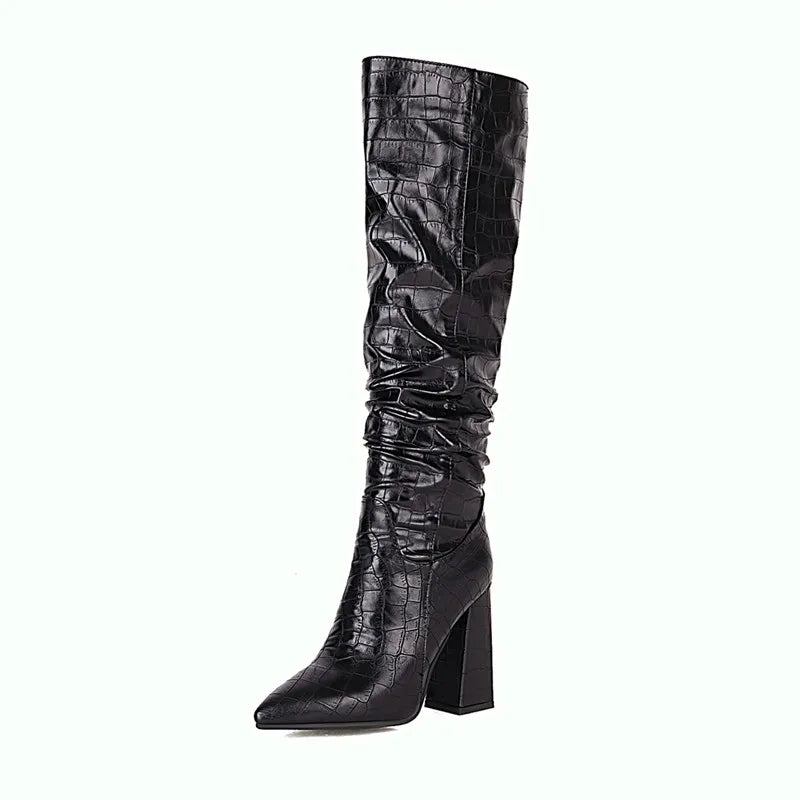 Western Cowboy Boots for Women Winter Footwear Shoes Square Heels Quality Knee High Boot Female Snake Leather Large Size 45 48