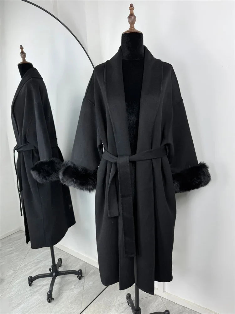Cappotto di lana patchwork in pelliccia solida Moda donna Manica intera Scollo a V Con lacci Cappotto lungo allentato Autunno Ufficio Pendolarismo Lady Outwear