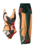 Summer retro digital printed lace up women's beach vacation one-piece swimsuit gauze skirt 2-piece set