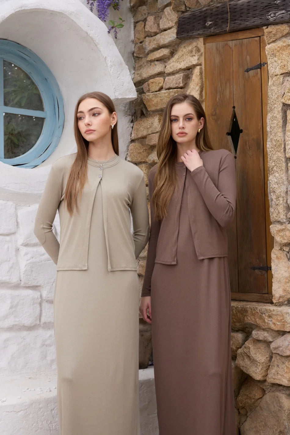Completo estivo da donna AS SS26, cardigan + abito lungo, tessuto a costine in fibra naturale, abbigliamento super confortevole.