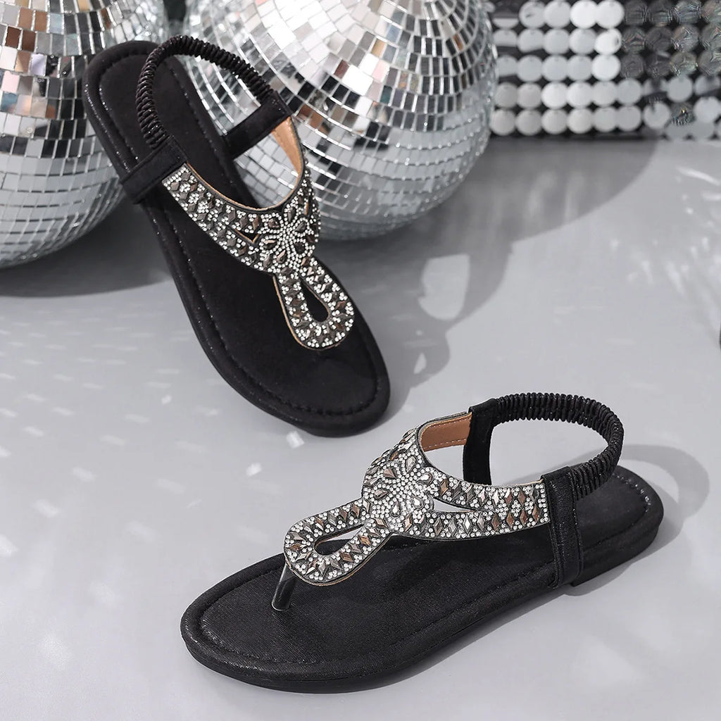 Sandali piatti con strass blu da donna Estate 2025 Scarpe da spiaggia comfort stile bohemien Donna Sandali romani leggeri con punta a clip