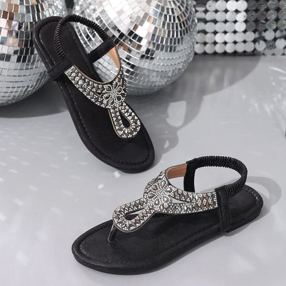 Sandali piatti con strass blu da donna Estate 2025 Scarpe da spiaggia comfort stile bohemien Donna Sandali romani leggeri con punta a clip