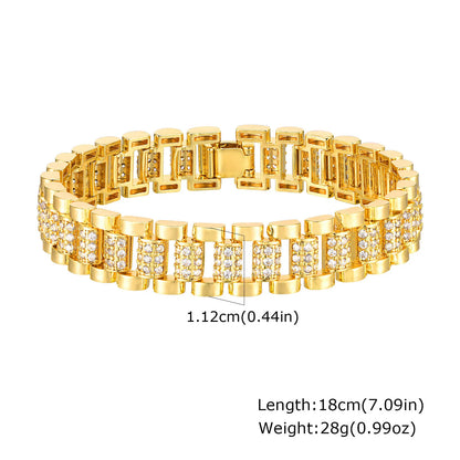 Bracciale a catena con graffetta Cinturino per orologio con zirconi placcati in oro 14 carati Collegamento grosso Gioielli impilabili regolabili per regalo per ragazza da donna