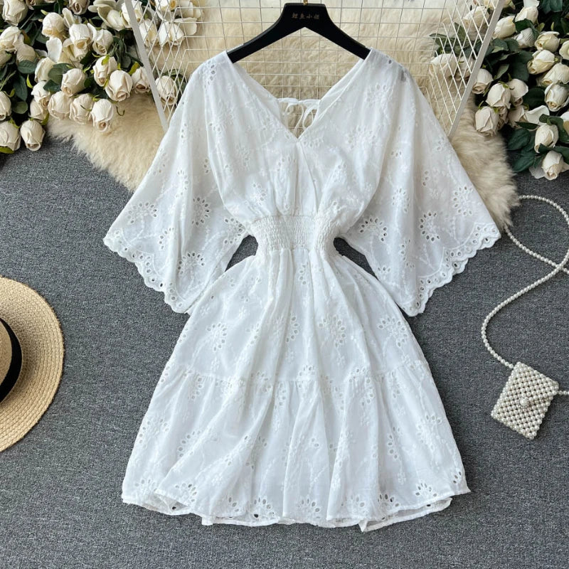 Bianco/Viola/Blu Scollo a V Estate Nuovo Abito ricamato in pizzo Donna Abiti a maniche corte Abiti longuette da spiaggia per feste vintage femminili