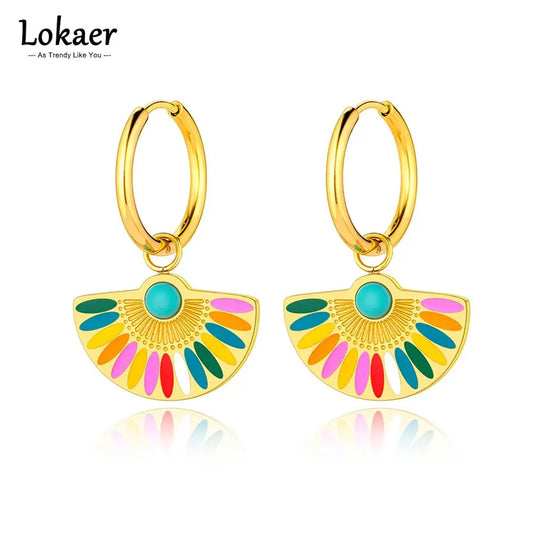 Lokaer Trendy Bohemia Fan Hoop orecchini per donna ragazze orecchini in acciaio inossidabile placcato oro 18 carati fatti a mano con smalto colorato E22200