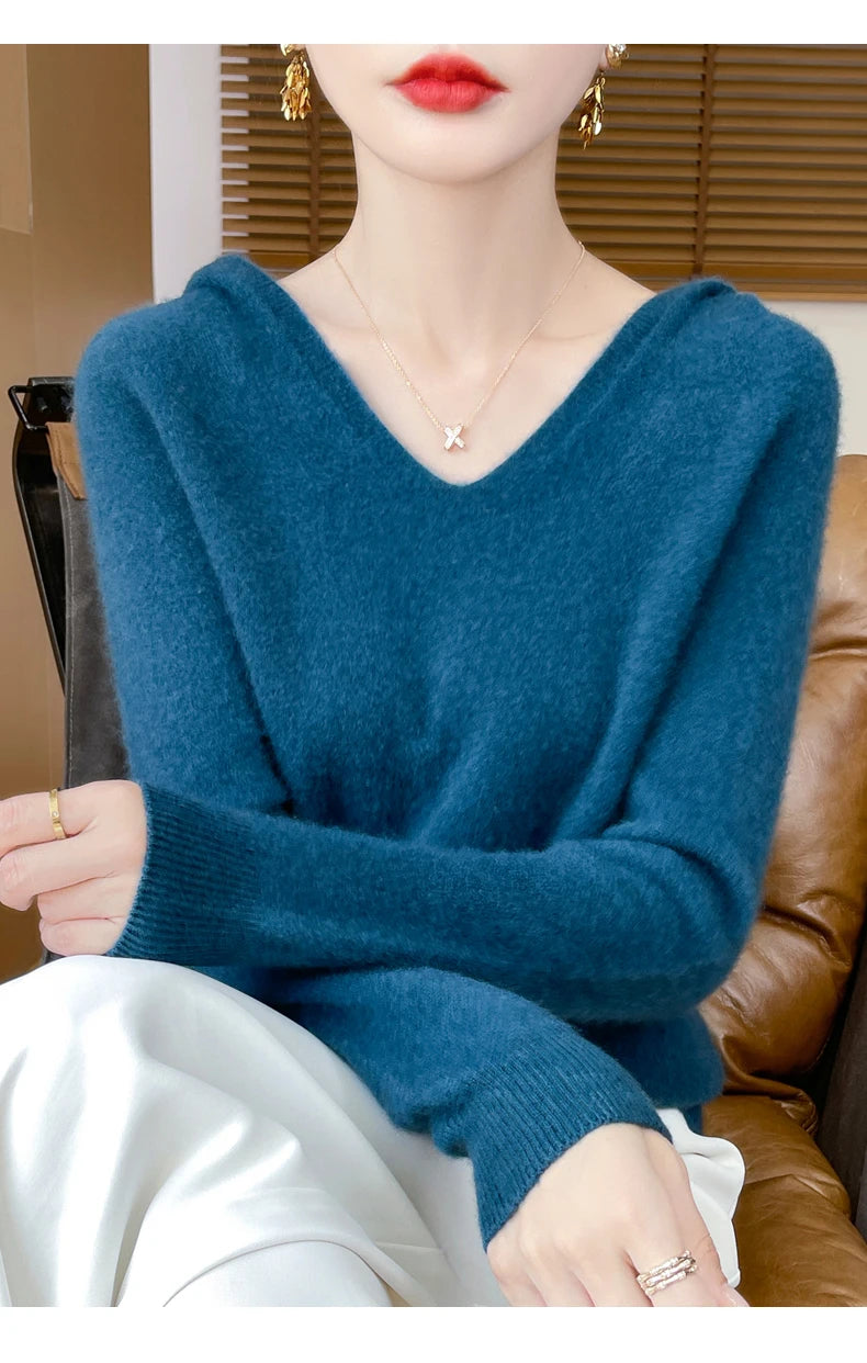 Abbigliamento donna autunno inverno colletto con cappuccio pullover maglione di lana merino 100% nuova moda top in cashmere che tocca il fondo maglieria morbida