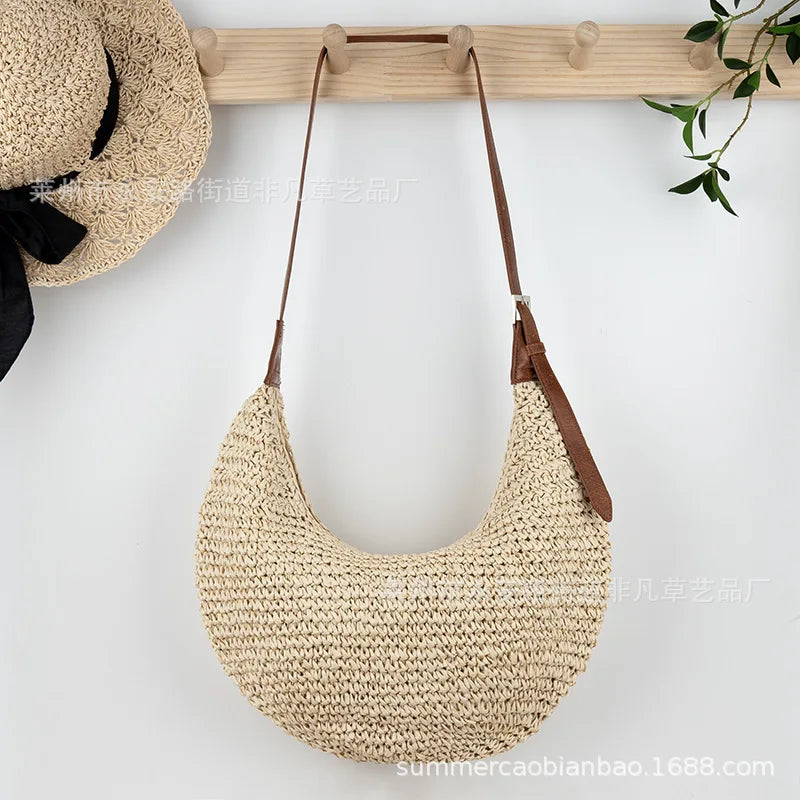 Borse a tracolla da donna in paglia casual Hobos Borse a tracolla in tessuto fatto a mano Borsa da spiaggia estiva semplice vintage Borse tote di grande capacità
