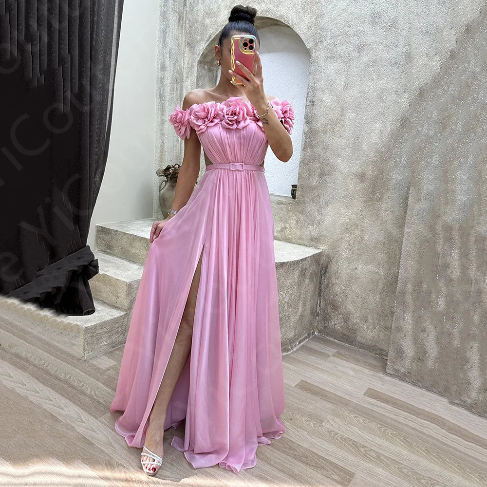 Abiti da sera rosa personalizzati Abiti da ballo con spacco laterale con spalle scoperte Fiori senza spalline Abiti da festa di nozze con cintura Sweep Train