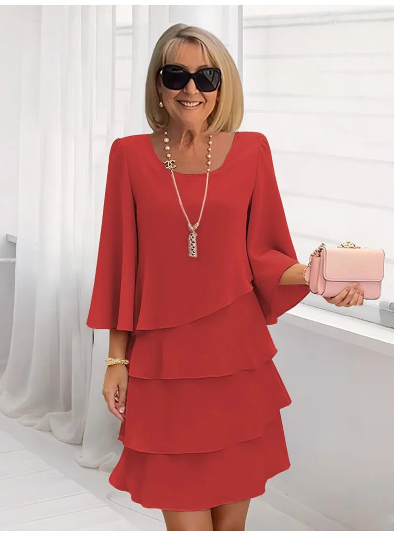 Abito longuette casual con volant Donna 2025 Abiti estivi con scollo a tinta unita moda estiva eleganti