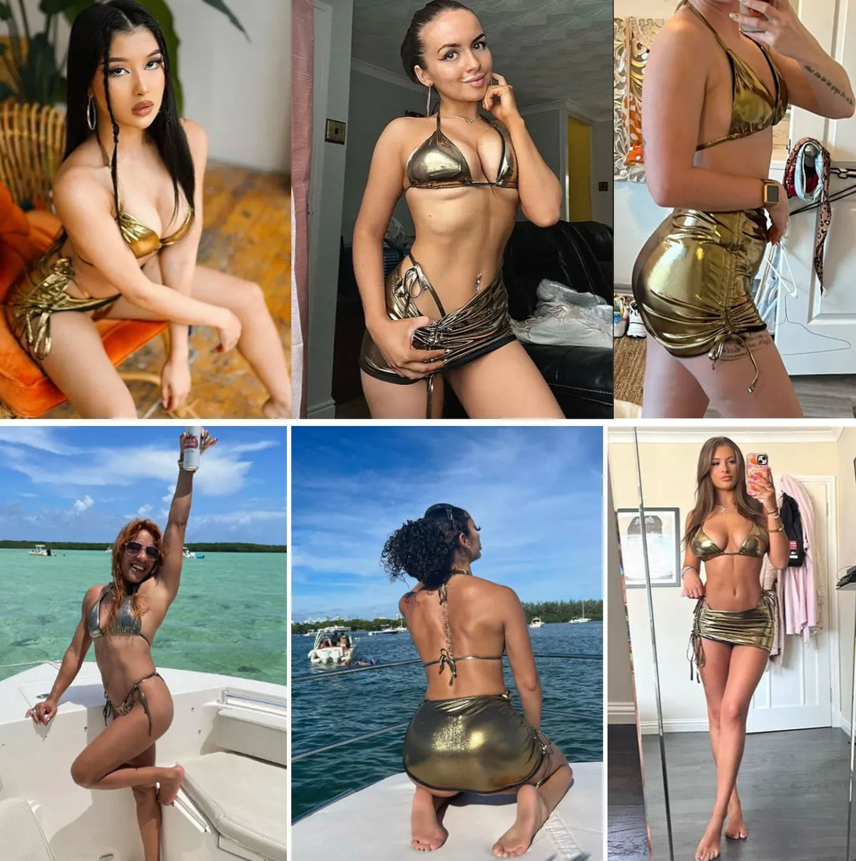 Lady's 2025 Summer Hot 3 pezzi vestito in pelle oro lucido costume da bagno bikini brasiliano con mini gonna increspata abiti da spiaggia sexy