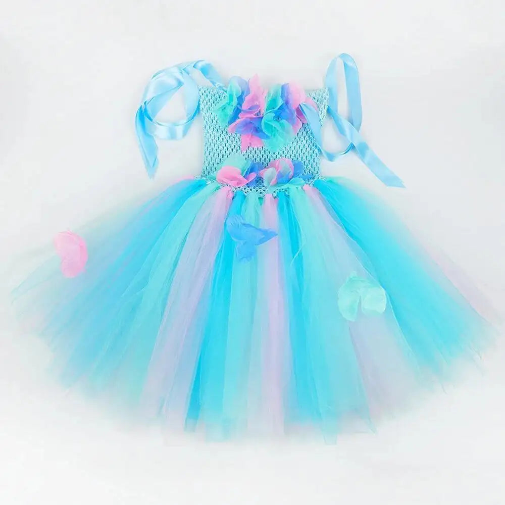 Costumi da fata dei fiori turchese per ragazze Abiti da principessa fata farfalla con ali Bacchetta per bambini Vestito da tutù di carnevale di Halloween