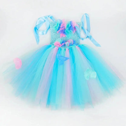 Costumi da fata dei fiori turchese per ragazze Abiti da principessa fata farfalla con ali Bacchetta per bambini Vestito da tutù di carnevale di Halloween
