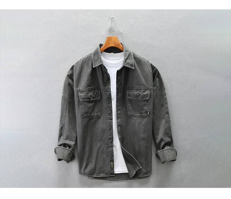 Camicia cargo vintage patchwork multitasche da uomo moda autunno inverno tinta unita manica lunga 100% cotone camicetta ampia quotidiana