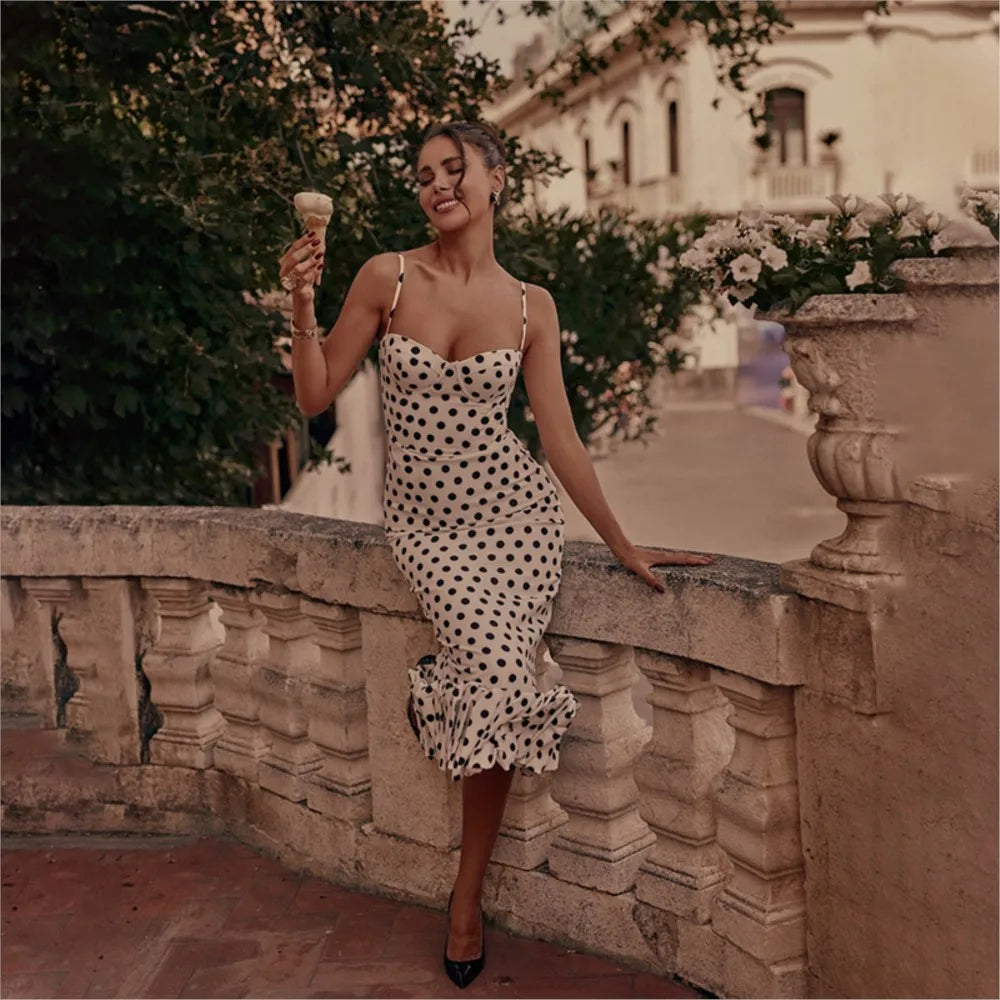 Abito con bretelle a pois Abito estivo da donna nuovo stile senza vita senza maniche Avvolgente sul petto Abito avvolgente a pieghe slim fit Ropa Mujer