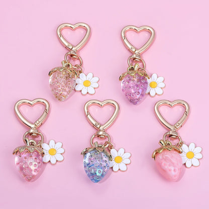 Simpatico portachiavi con ciondolo a forma di borsa con fragola, cuore Kawaii, fiore, margherita, portachiavi per donne, ragazze, borsa, ciondolo, accessori regalo