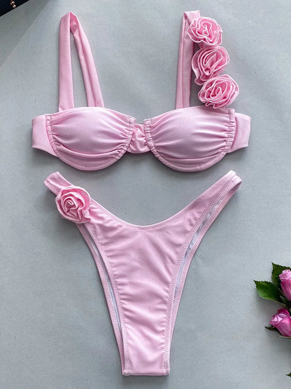 Sexy 3D Fiori con ferretto Bikini brasiliano Costumi da bagno donna Costume da bagno femminile Bikini a due pezzi Costume da bagno a triangolo Swim Lady
