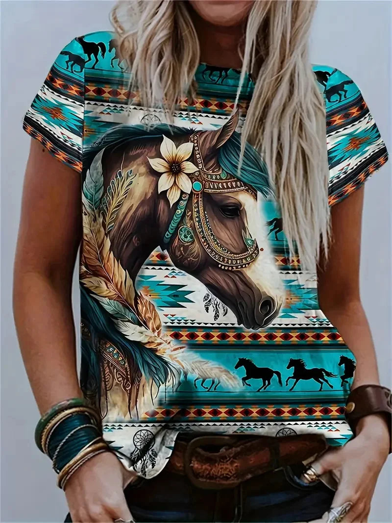 T-shirt girocollo casual da donna con stampa cavallo unica T-shirt estiva a maniche corte con grafica cavallo per uomo Novità in magliette
