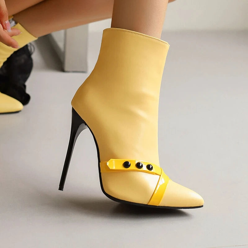 REAVE CAT Sexy Stiletto 12cm High Heel Ankle Boots Leather Party Big Size 44 45 46 47 48 US15 US16 US17 Black Yellow Purple
