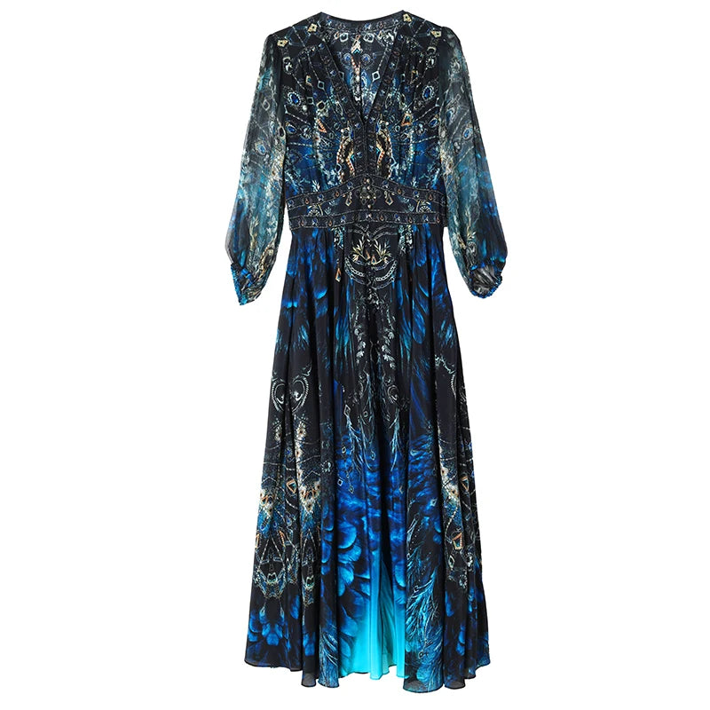 Vacanza primaverile Boho Beach Hepburn Maxi Abiti 2025 Stampa vintage da donna Elegante abito da sera estivo in seta di lusso