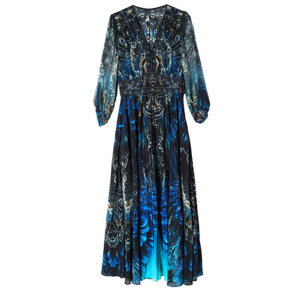 Vacanza primaverile Boho Beach Hepburn Maxi Abiti 2025 Stampa vintage da donna Elegante abito da sera estivo in seta di lusso