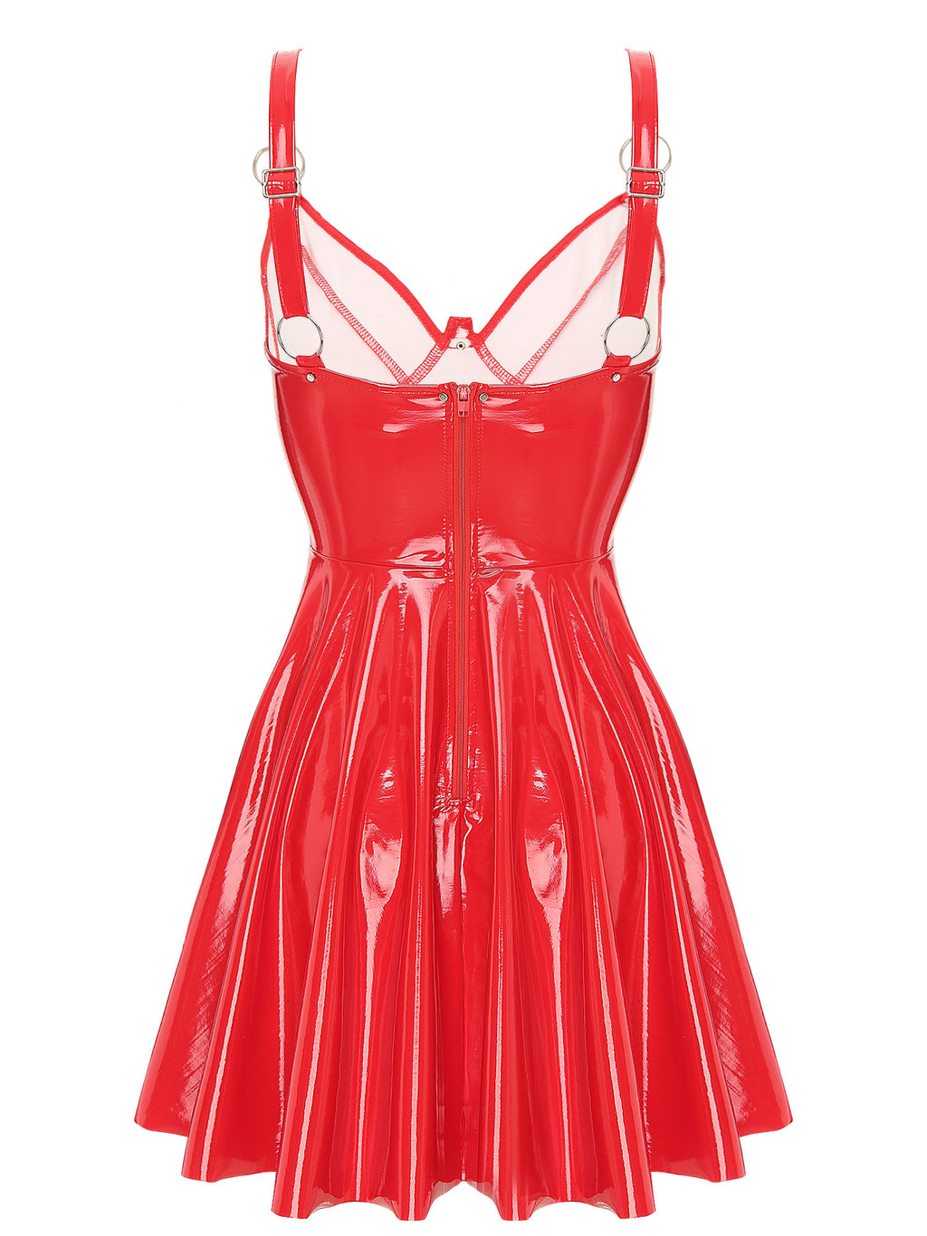 Abito sottoveste in pelle verniciata Sexy effetto bagnato da donna O-Ring rivetti con spalline scollo a V Punk gotico a-line Mini abiti Rave Party Clubwear