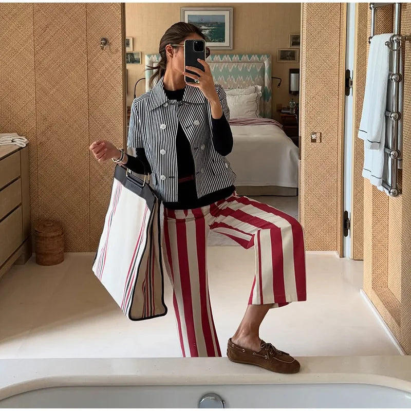 Completo Due Pezzi Estivo 2026 da Donna: Cappotto a Collo Alto con Bottone Singolo e Pantaloni a Gamba Larga, Maniche a Tre Quarti, Coordinato Casual da Ufficio