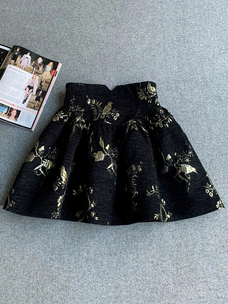 Gonna jacquard oro nero Gonna a trapezio slim fit a vita alta Primavera Estate Nuova gonna corta Gonna da ufficio squisita alla moda