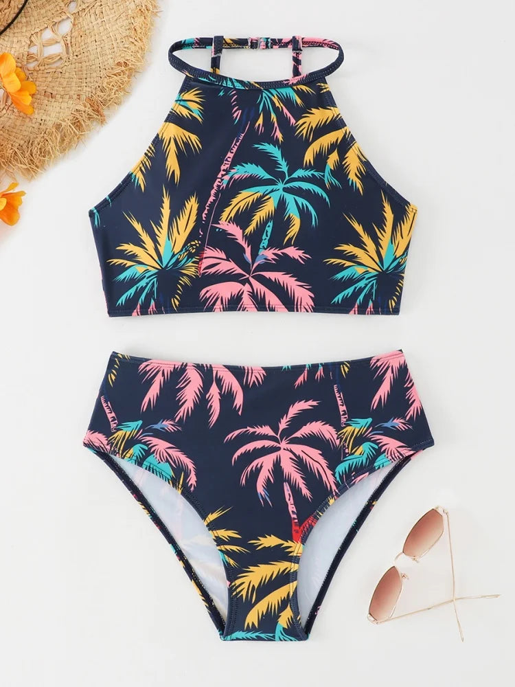 Costume da bagno bikini da donna 2026, nuovo set bikini con stampa albero di cocco, sexy, a vita alta, per l'estate e la spiaggia