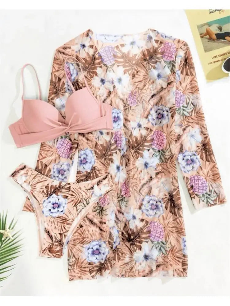 Ensemble bikini floral sexy push-up femme 2023 maillot de bain trois pièces manches longues cache-maillot brésilien vêtement de plage costume de bain