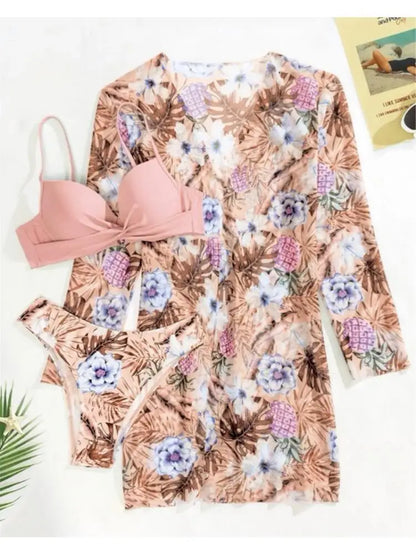 Ensemble bikini floral sexy push-up femme 2023 maillot de bain trois pièces manches longues cache-maillot brésilien vêtement de plage costume de bain