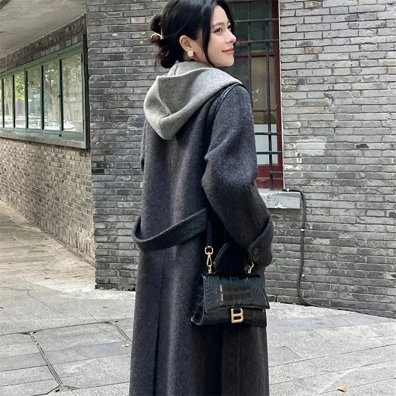 Giacca Invernale da Donna a Maniche Lunghe in Lana, Cappotto Casual di Alta Qualità per l'Autunno, Moda Coreana Femminile, Cappotto in Lana con Cappuccio e Vestibilità Comoda