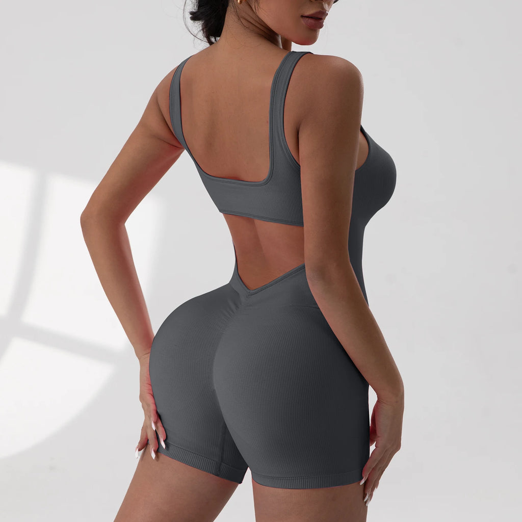 Tuta Sportiva Sexy con Schiena a V e Arricciatura, Senza Maniche, per Donna, Abbigliamento Casual e da Yoga