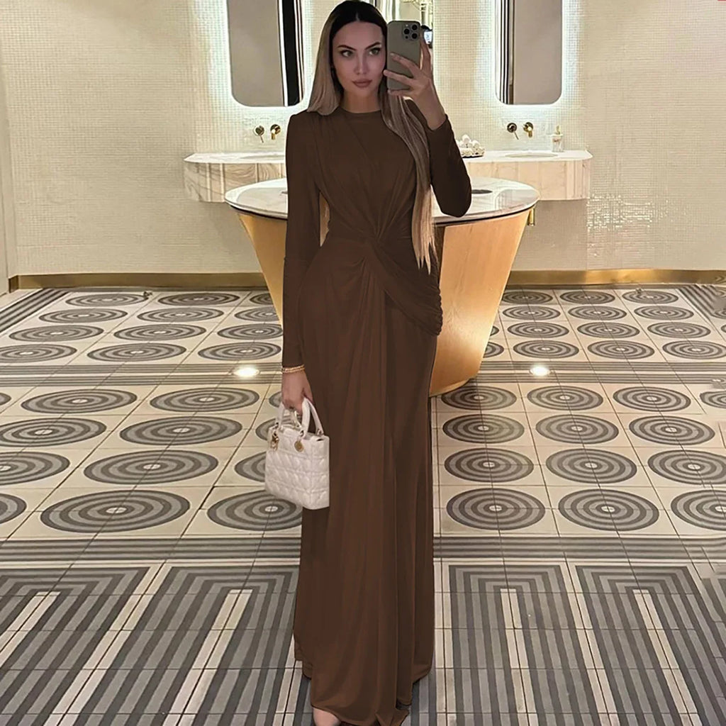 Abito da sera elegante da donna, manica lunga, o-collo, increspato, moda, abiti lunghi, donna, night club, streetwear, outfit autunnale