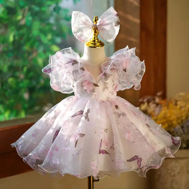 Abito da sera principessa per bambini Design con volant stampato alla moda Matrimonio Compleanno Battesimo Pasqua Eid Abiti da festa per ragazze A2598