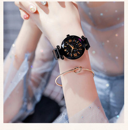 Orologi da donna con cielo stellato alla moda, fibbia magnetica, cintura in rete, orologio al quarzo con diamanti, orologio da donna