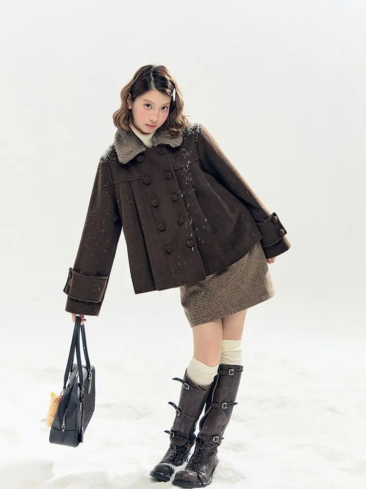 Set Vintage Coquette 2 Pezzi per Donna: Cappotto Trapuntato in Lana con Collo in Pelliccia e Gonna Mini a Quadri a Vita Alta, Abito Aderente, Outfit Casual Invernale
