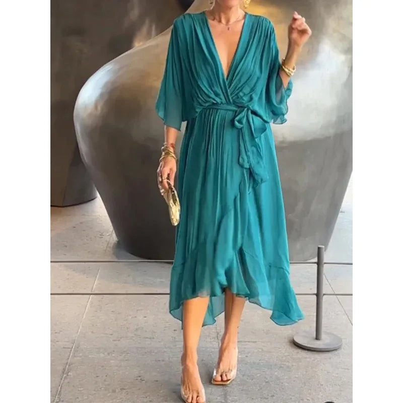 Abiti da festa eleganti in chiffon solido per le donne Sexy scollo a V maniche a pipistrello Lace Up Ruffles Abito lungo irregolare Abito casual Femme