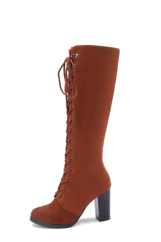 Knee-high Boots Woman Fashion Round Toe High Heeled Thigh High Boots Female Winter Warm Long Boots Grey Black Size 34-43