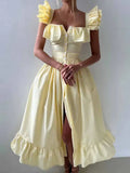 BKQU Abito lungo elegante con maniche volanti a righe con volant Abito lungo da donna chic con colletto quadrato sottile monopetto Abito lungo da festa estivo femminile