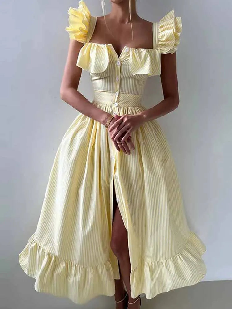 BKQU Abito lungo elegante con maniche volanti a righe con volant Abito lungo da donna chic con colletto quadrato sottile monopetto Abito lungo da festa estivo femminile
