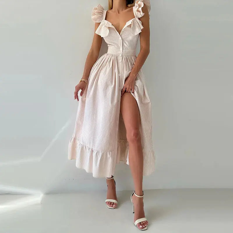 BKQU Abito lungo elegante con maniche volanti a righe con volant Abito lungo da donna chic con colletto quadrato sottile monopetto Abito lungo da festa estivo femminile