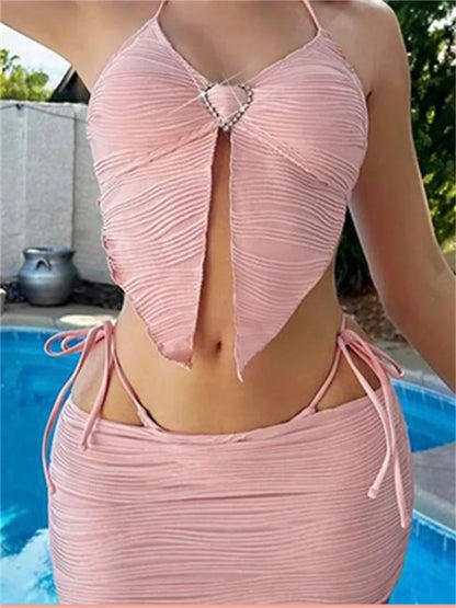 Micro String Extreme Bikini Rosa Y2K Strass Cuore Costume da bagno Tanga Gonna a costine Donna Costumi da bagno Beach Outfit Costume da bagno Biquinis