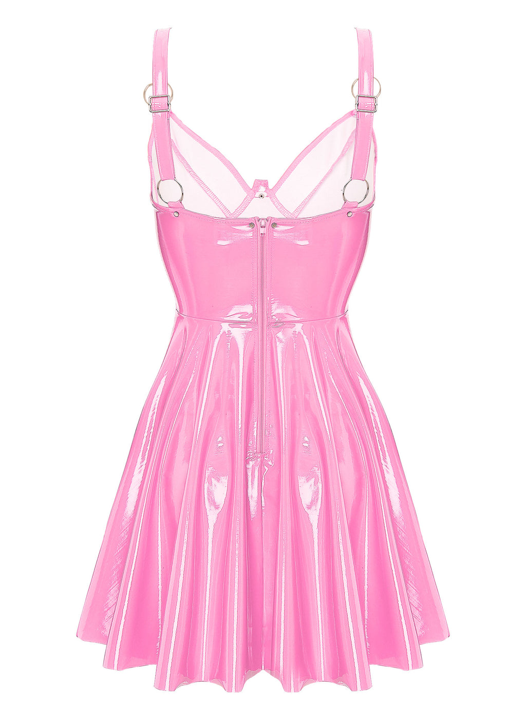 Abito sottoveste in pelle verniciata Sexy effetto bagnato da donna O-Ring rivetti con spalline scollo a V Punk gotico a-line Mini abiti Rave Party Clubwear