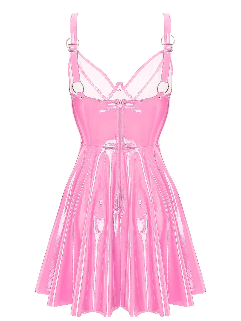 Abito sottoveste in pelle verniciata Sexy effetto bagnato da donna O-Ring rivetti con spalline scollo a V Punk gotico a-line Mini abiti Rave Party Clubwear