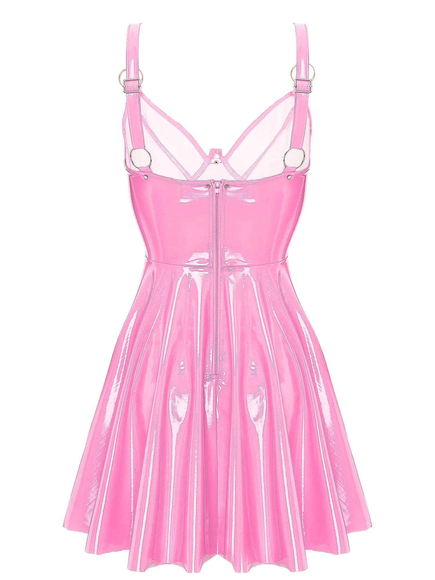 Abito sottoveste in pelle verniciata Sexy effetto bagnato da donna O-Ring rivetti con spalline scollo a V Punk gotico a-line Mini abiti Rave Party Clubwear