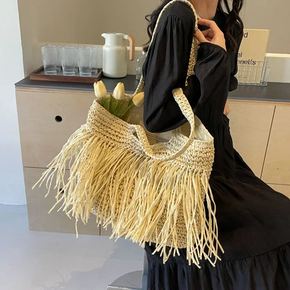 Borse a tracolla da donna in tessuto con nappe casual Borse da donna con frange fatte a mano Borsa tote grande da spiaggia estiva Borsa shopper grande per le vacanze