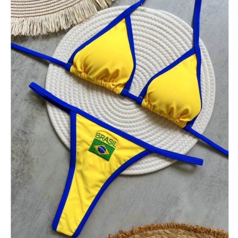 Ensemble de bikinis sexy brodé drapeau brésilien contrasté et fendu pour femme, maillot de bain patchwork, tenue féminine pour la plage d'été