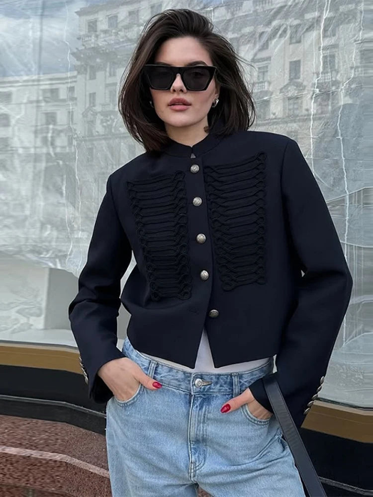 Giacca Primaverile da Donna, Blazer Corto Stile Militare, Top con Bordo in Corda Intrecciata, Bottoni Dorati, Spalle Imbottite, Abbigliamento Femminile